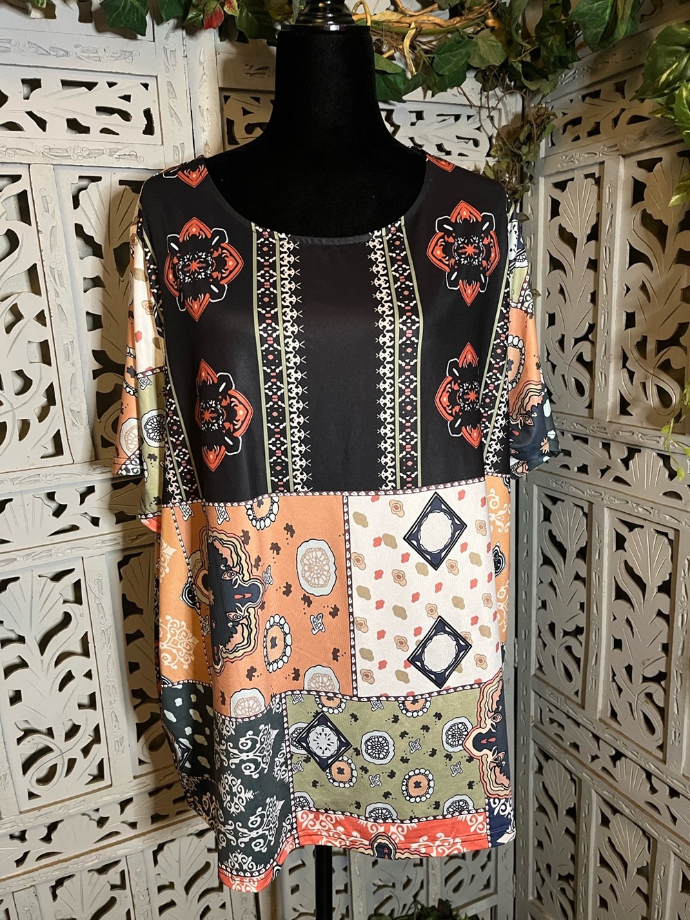 CRAZY CUTE COUNTRY BOHO COLORFUL PATCHWORK PRINT SHORT SLEEVE PLUS SIZE TOP